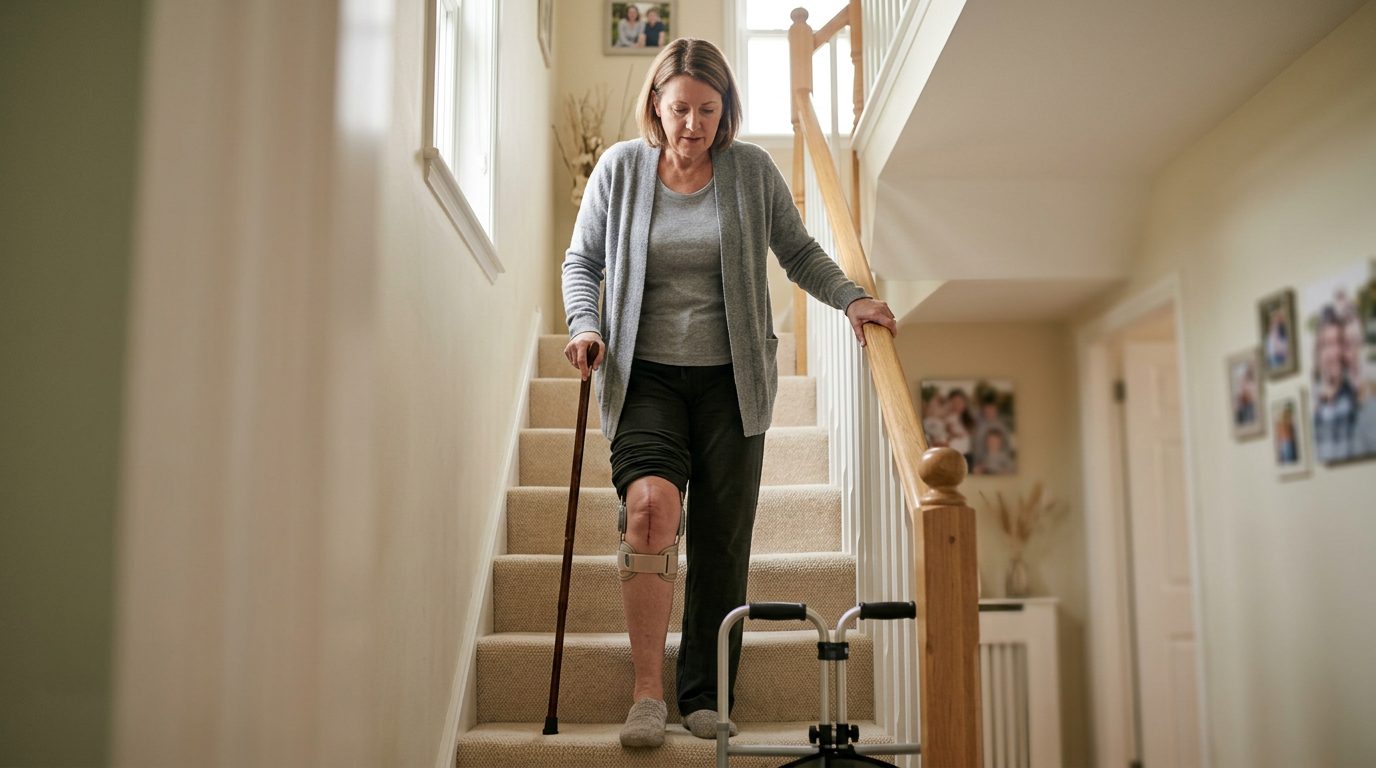 Person with cane navigating stairs using handrail during post-injury recovery.