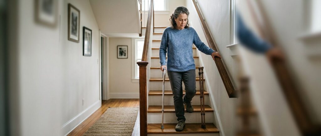 Person with cane using handrail on stairs during slip-and-fall injury recovery.