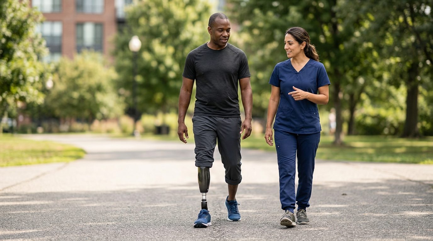 Person with prosthetic leg practicing walking and mobility exercises.