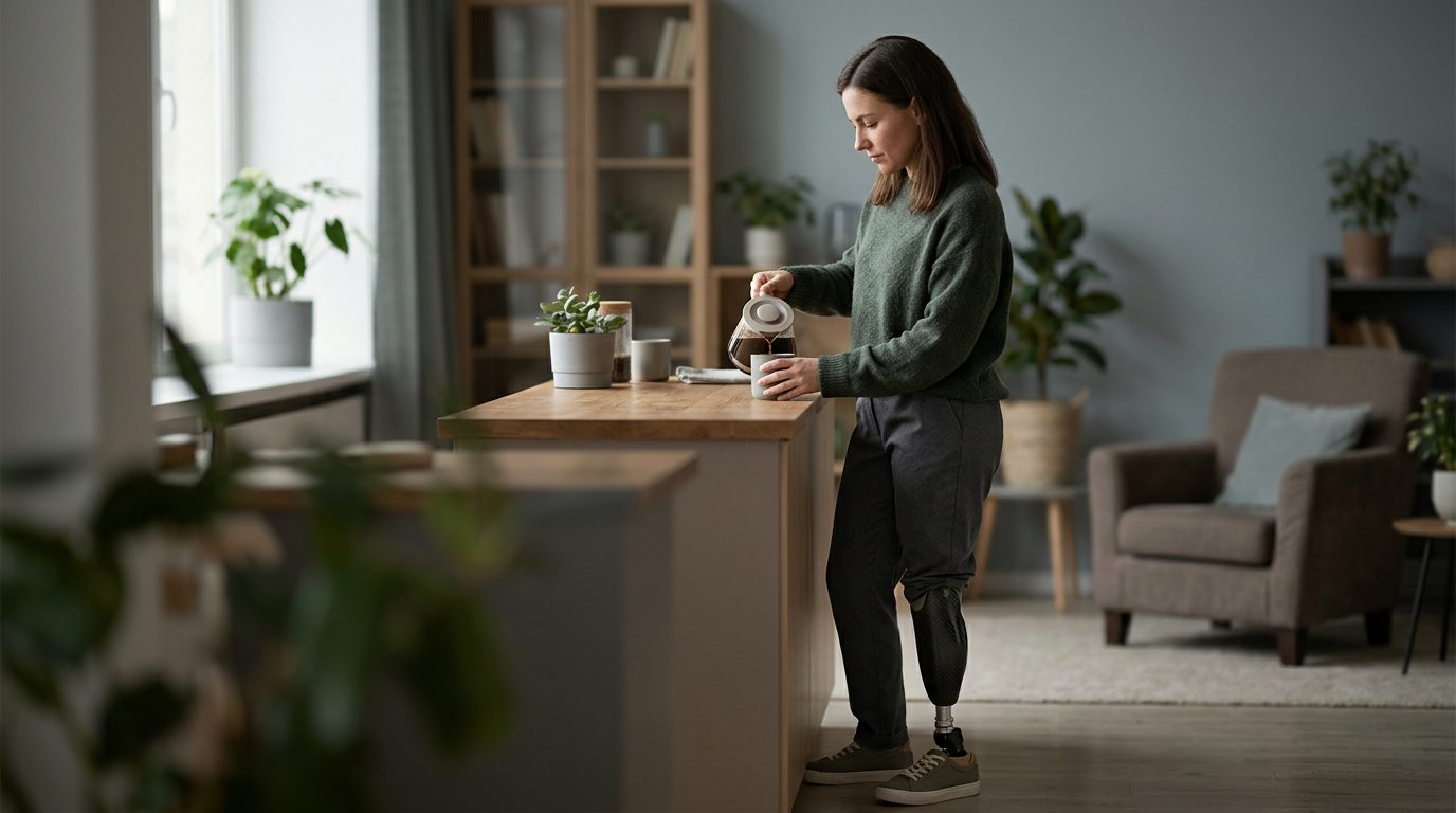 Person with prosthetic leg practicing walking during rehabilitation after amputation.