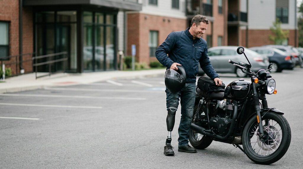 Person with prosthetic leg standing beside motorcycle, demonstrating recovery and mobility after injury.