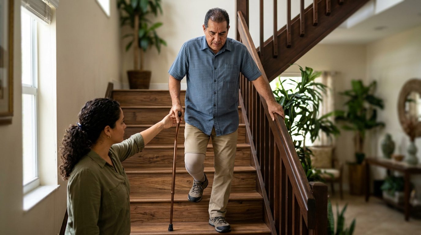 Persona con bastón bajando escaleras agarrada del pasamanos durante recuperación de caída.