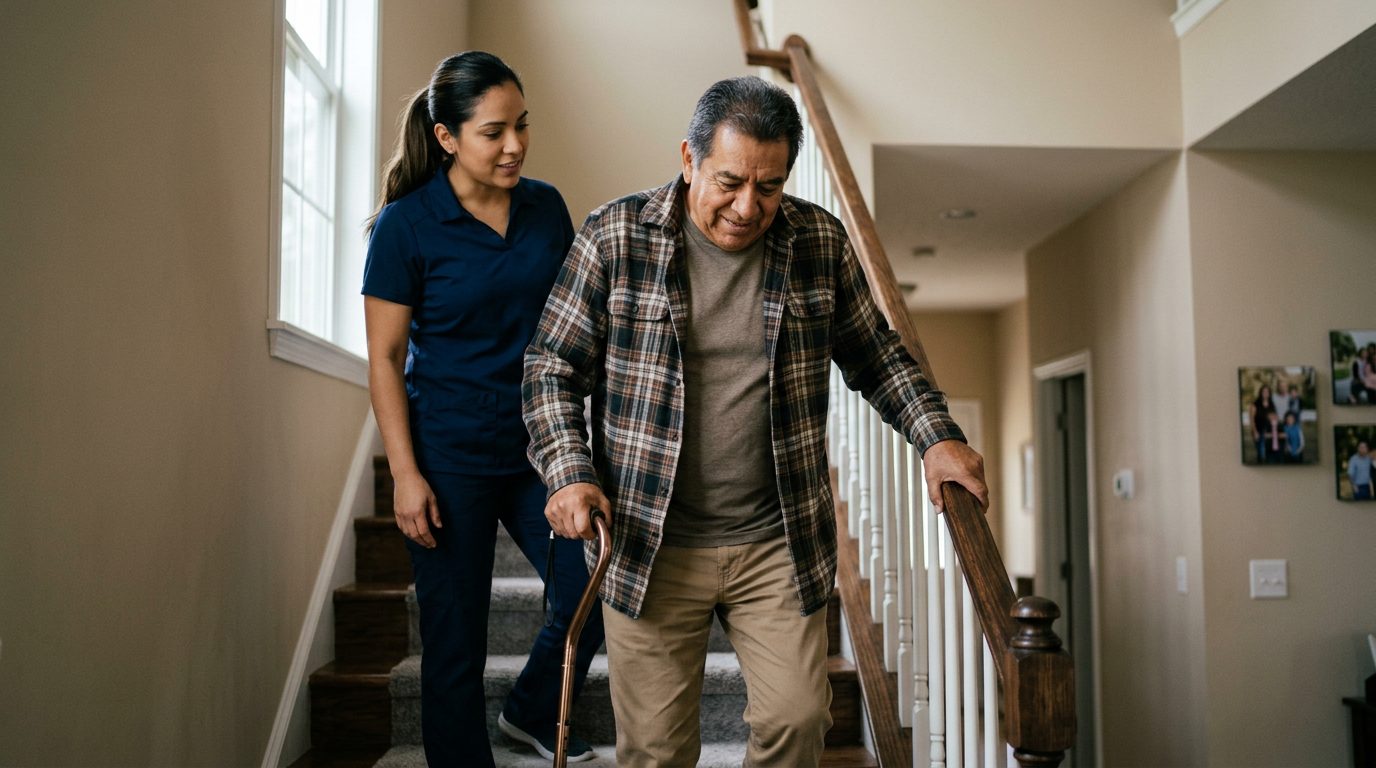 Persona con bastón y ayuda de movilidad subiendo escaleras con pasamanos en casa durante recuperación.
