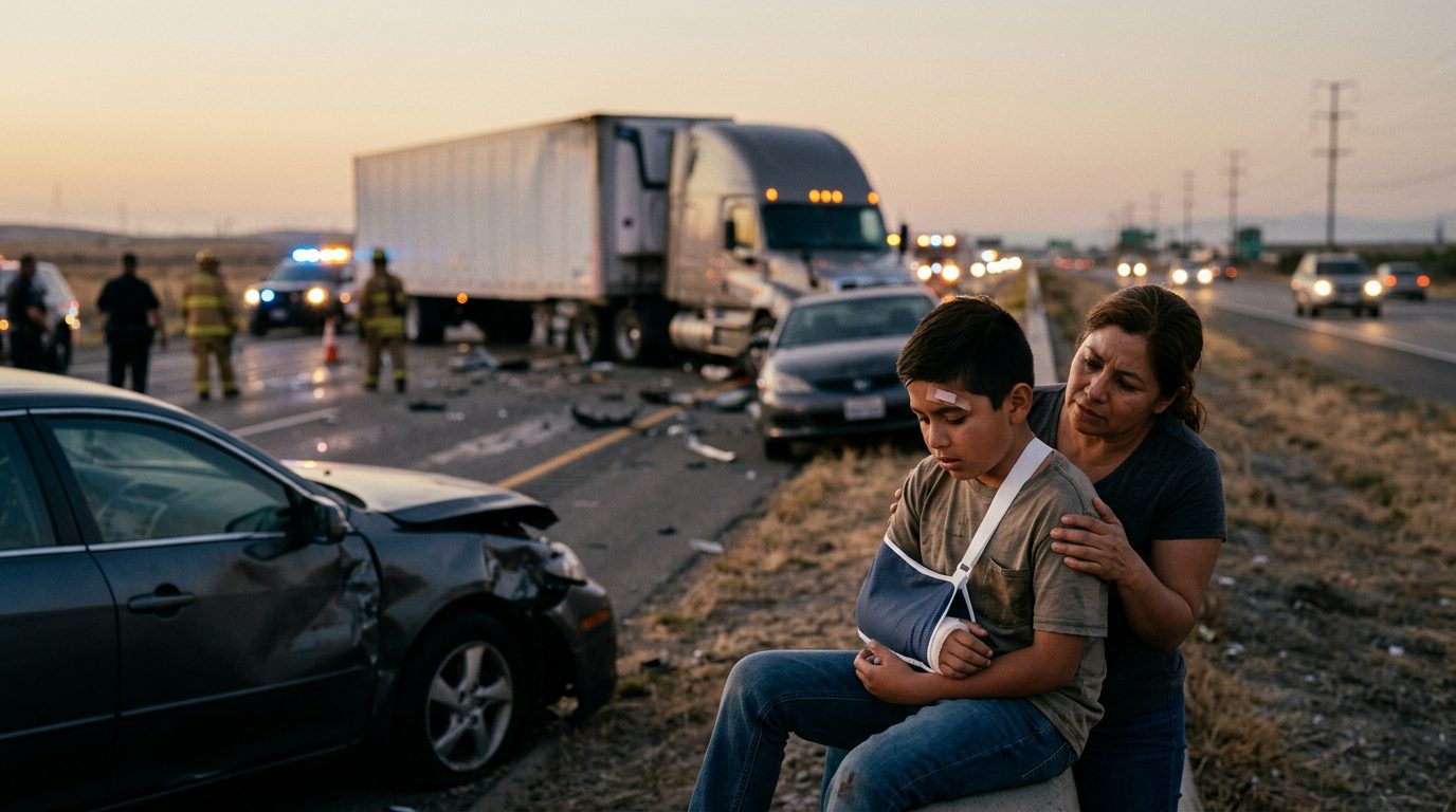 Persona con brazo fracturado en cabestrillo después de accidente vehicular.