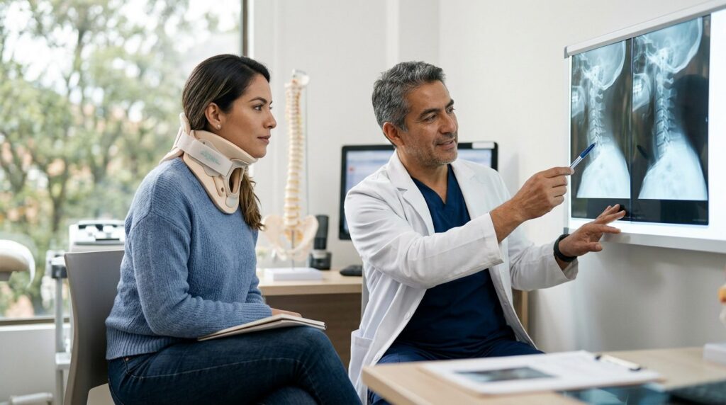 Persona con collarín cervical revisa radiografías de columna con cirujano en consultorio médico.