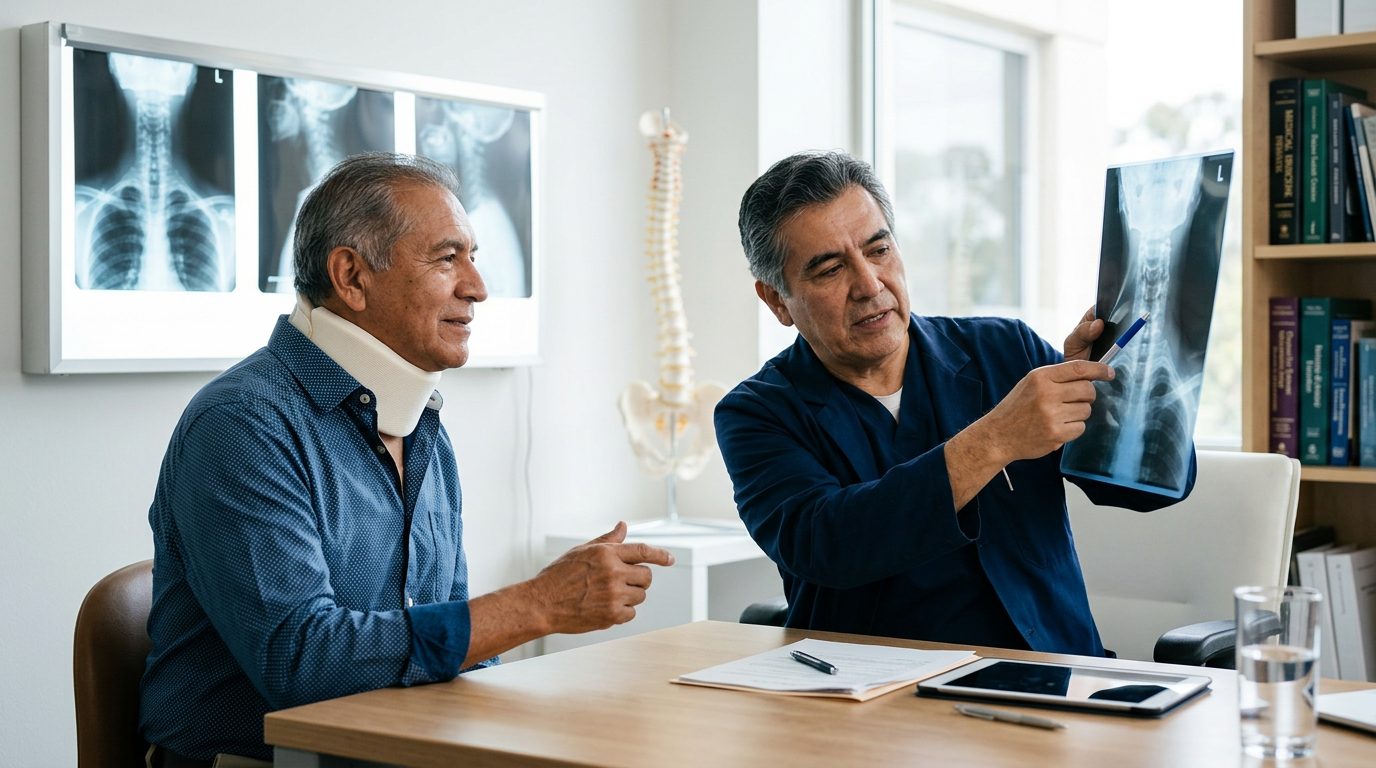 Persona con collarín cervical revisa radiografías de columna con cirujano en consulta médica.