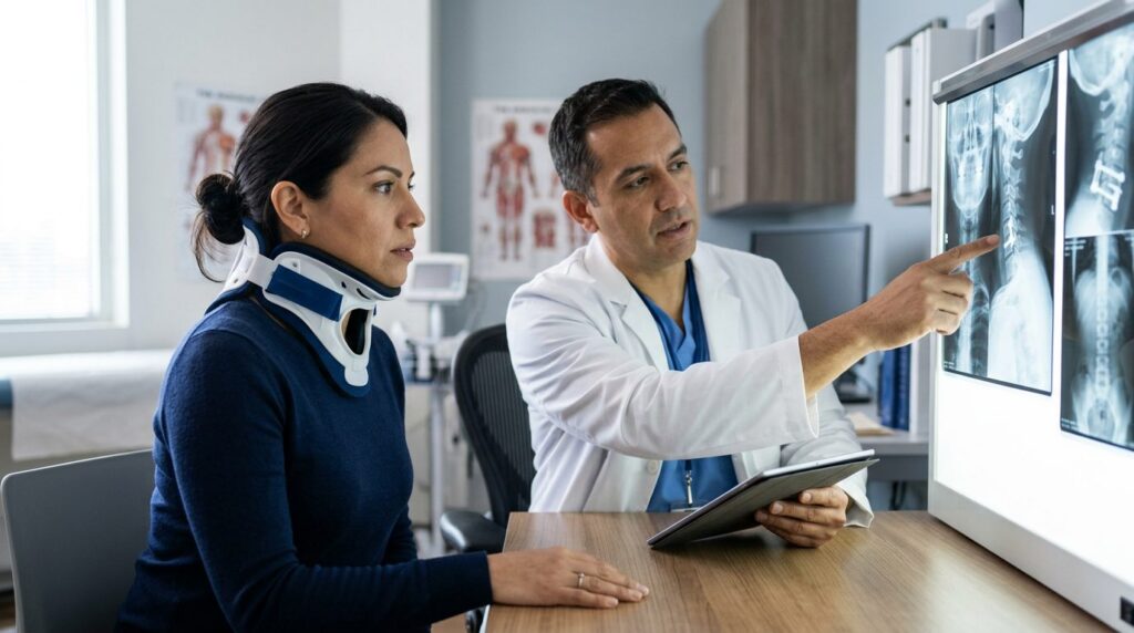 Persona con collarín cervical revisa radiografías de columna con cirujano en consulta médica.