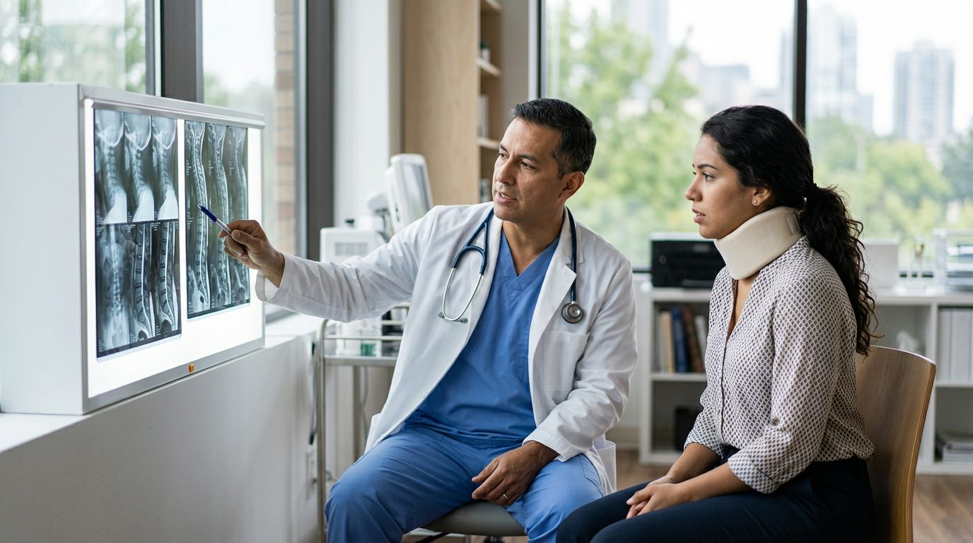 Persona con collarín cervical revisa radiografías de columna con cirujano en consulta médica.