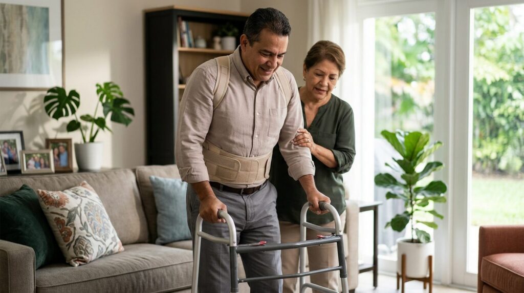 Persona con corsé de apoyo y andador recuperando movilidad en casa tras lesión grave de espalda.