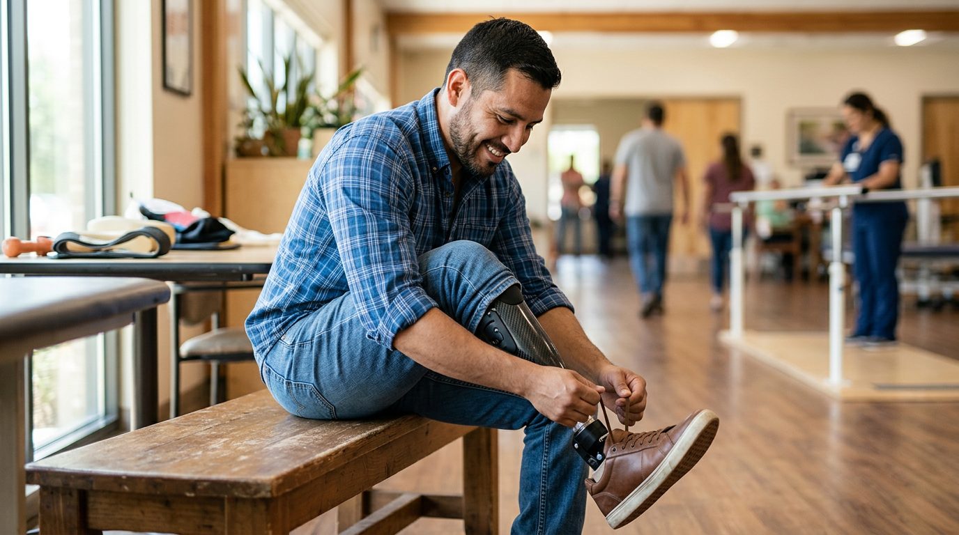 Persona con prótesis de miembro realizando actividades diarias después de amputación en construcción.