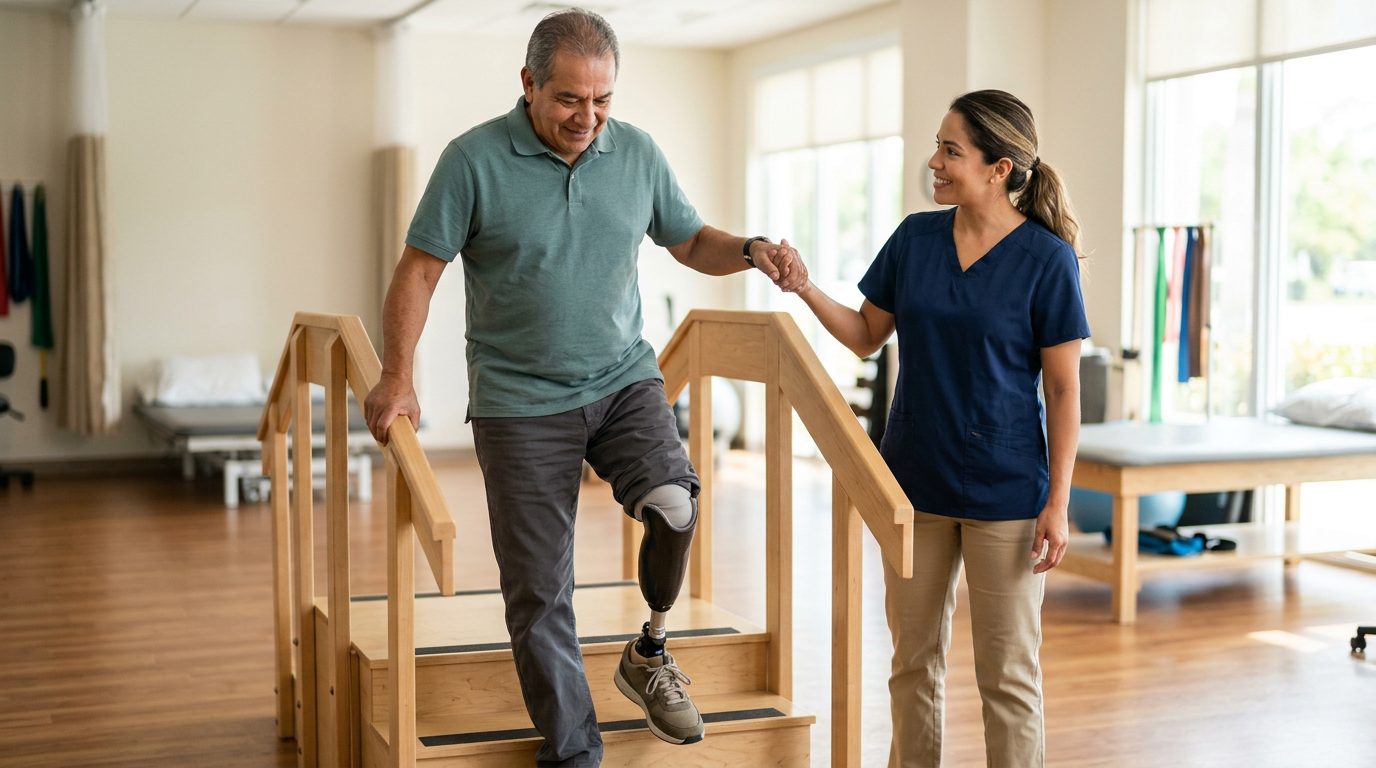 Persona con prótesis realizando actividades diarias después de amputación.