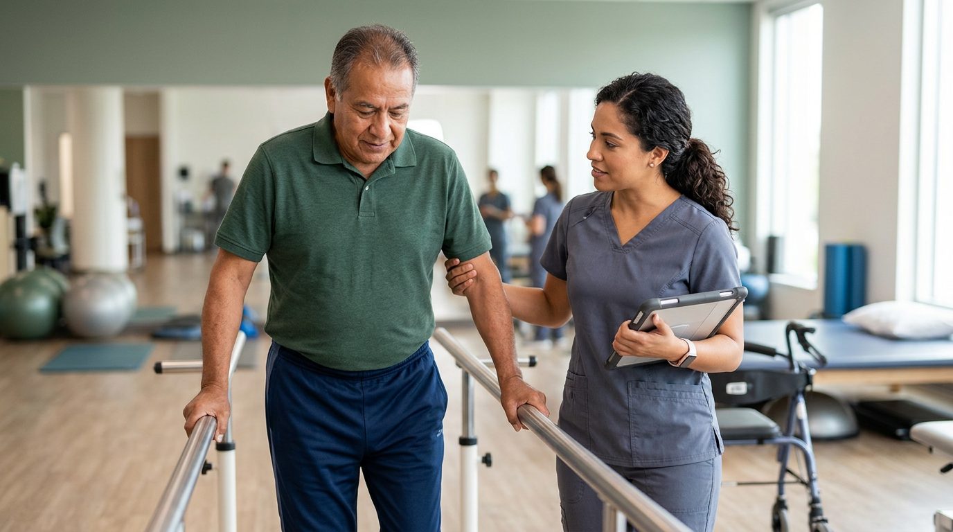 Persona en rehabilitación con apoyo de comunicación y movilidad tras lesión cerebral.