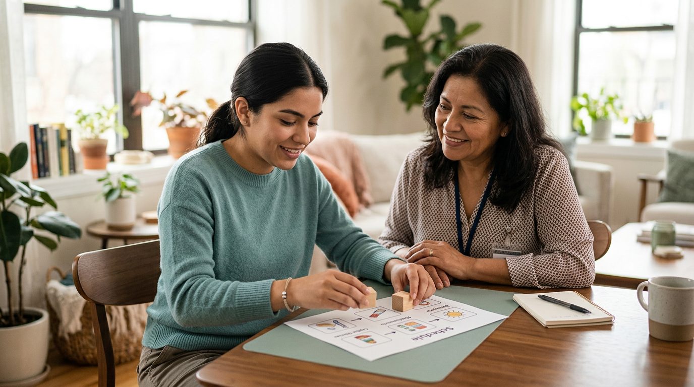 Persona en rehabilitación con apoyo de cuidador tras lesión cerebral traumática.