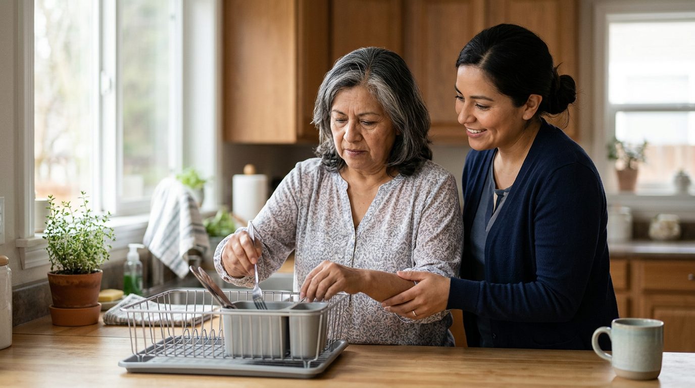 Persona en rehabilitación con apoyo de cuidador tras lesión cerebral traumática.