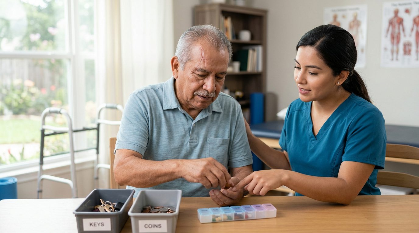 Persona en rehabilitación con apoyo de cuidador tras lesión cerebral traumática.