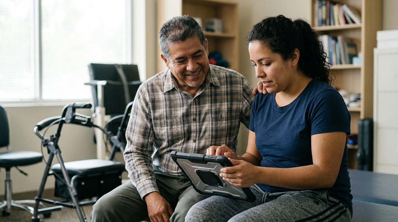 Persona en rehabilitación con dispositivos de movilidad y apoyo comunicativo tras lesión cerebral.