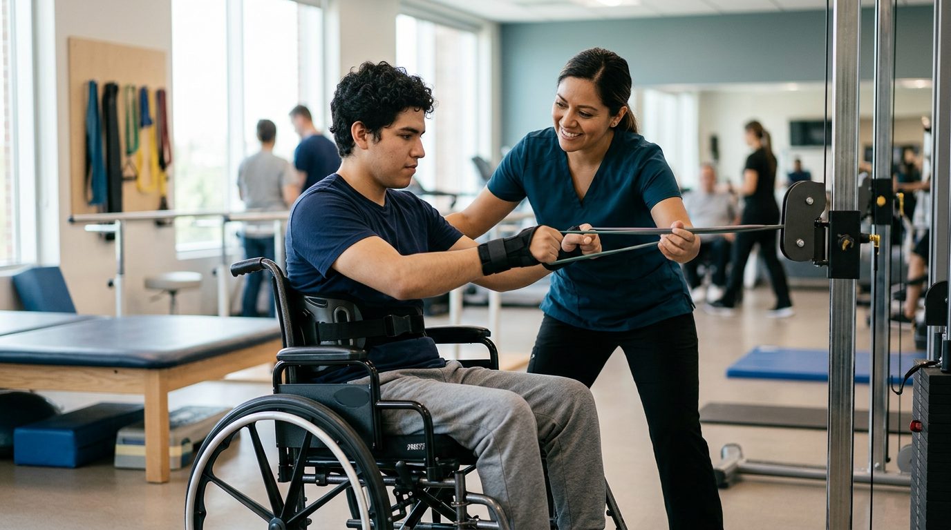 Persona en silla de ruedas con terapeuta en gimnasio de rehabilitación de lesiones de columna.