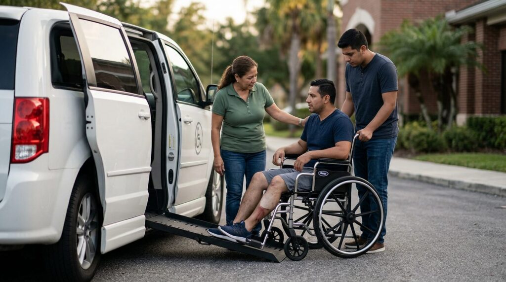 Persona en silla de ruedas siendo asistida para entrar a vehículo adaptado tras accidente de rideshare.