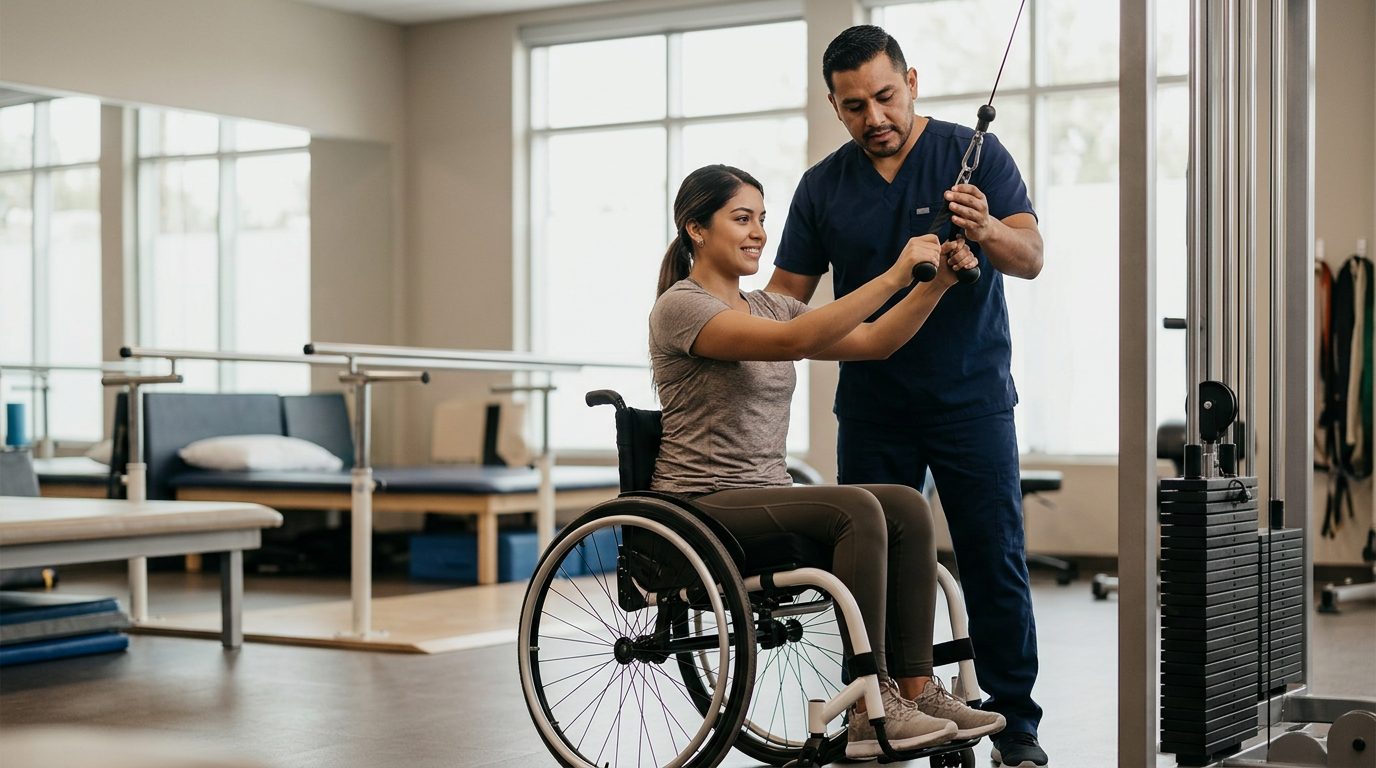 Persona en silla de ruedas trabajando con fisioterapeuta en gimnasio de rehabilitación de lesiones de médula espinal.