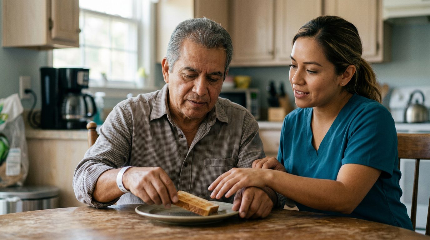 Persona hispanohablante reaprendiendo rutinas diarias con apoyo de un cuidador tras lesión cerebral traumática.