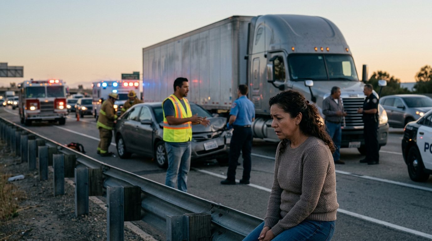 Persona inmóvil durante ataque de pánico en carretera después de accidente vehicular.
