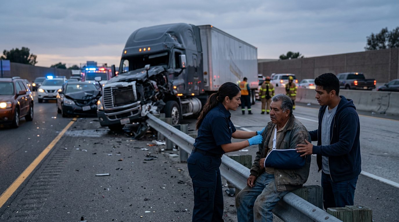 Persona lesionada en el suelo después de un accidente vehicular en una carretera.