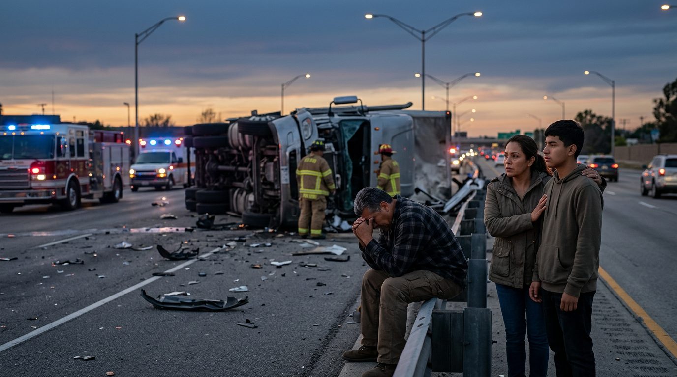 Persona lesionada en el suelo después de un accidente vehicular en carretera.