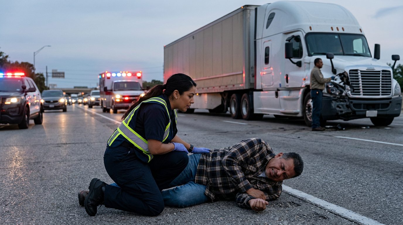 Persona recibiendo atención médica después de accidente vehicular en carretera.