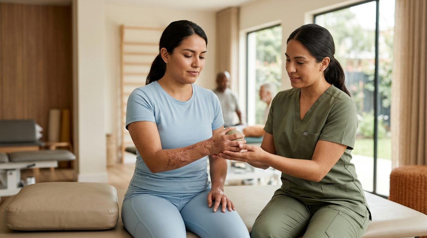 Persona sobreviviente de quemaduras en sesión de rehabilitación con profesional de salud.