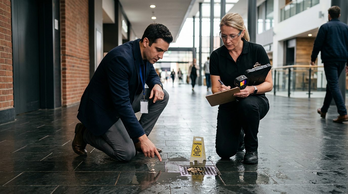 Property manager and safety inspector documenting wet floor, missing signage, and drainage problems in commercial hallway.