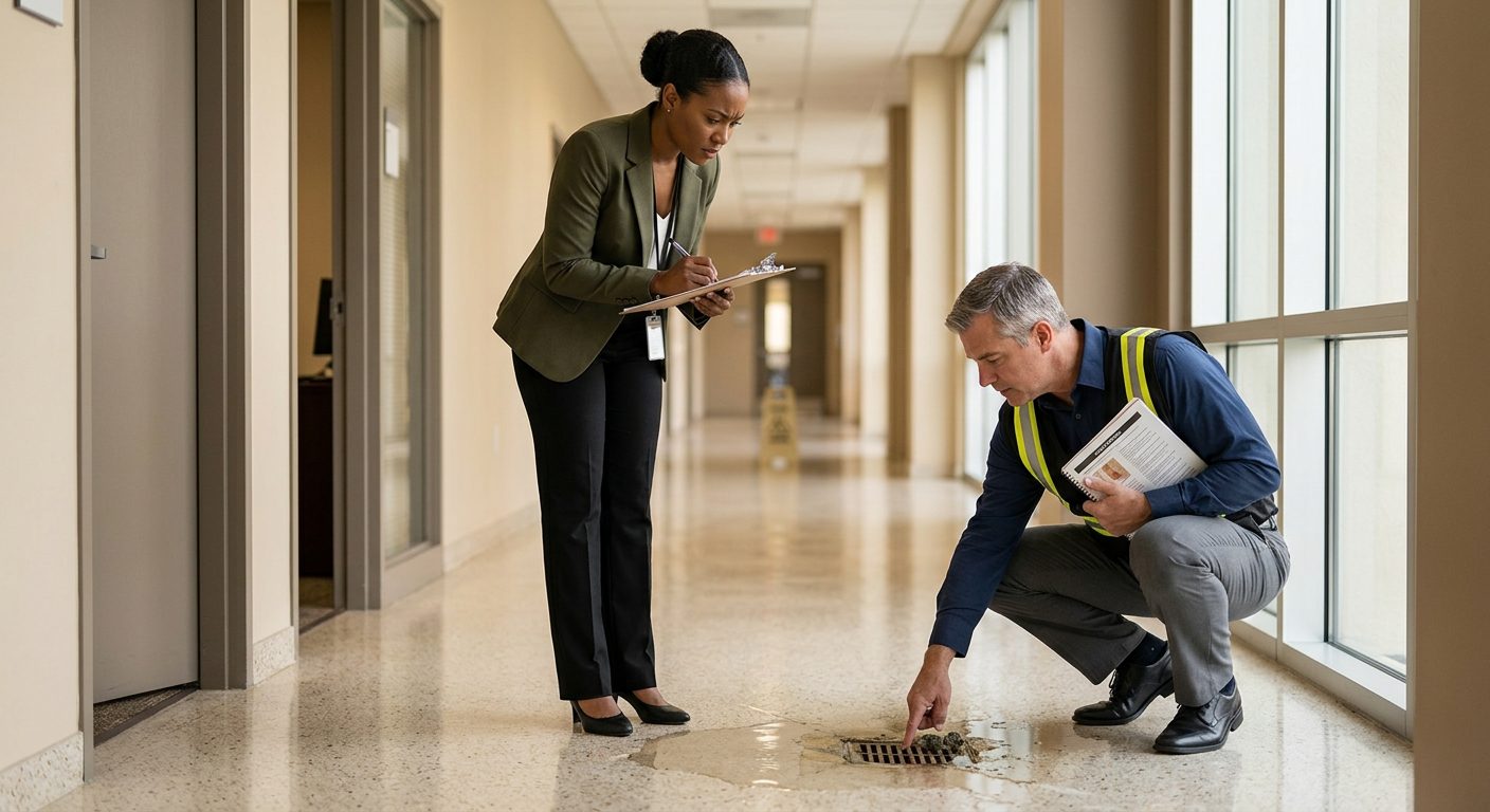 Property manager and safety inspector examining wet floor, missing warning signs, and drainage problems in commercial hallway.