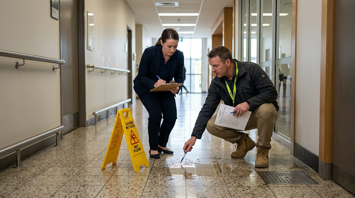 Property manager and safety inspector examining wet flooring and inadequate signage in commercial hallway.