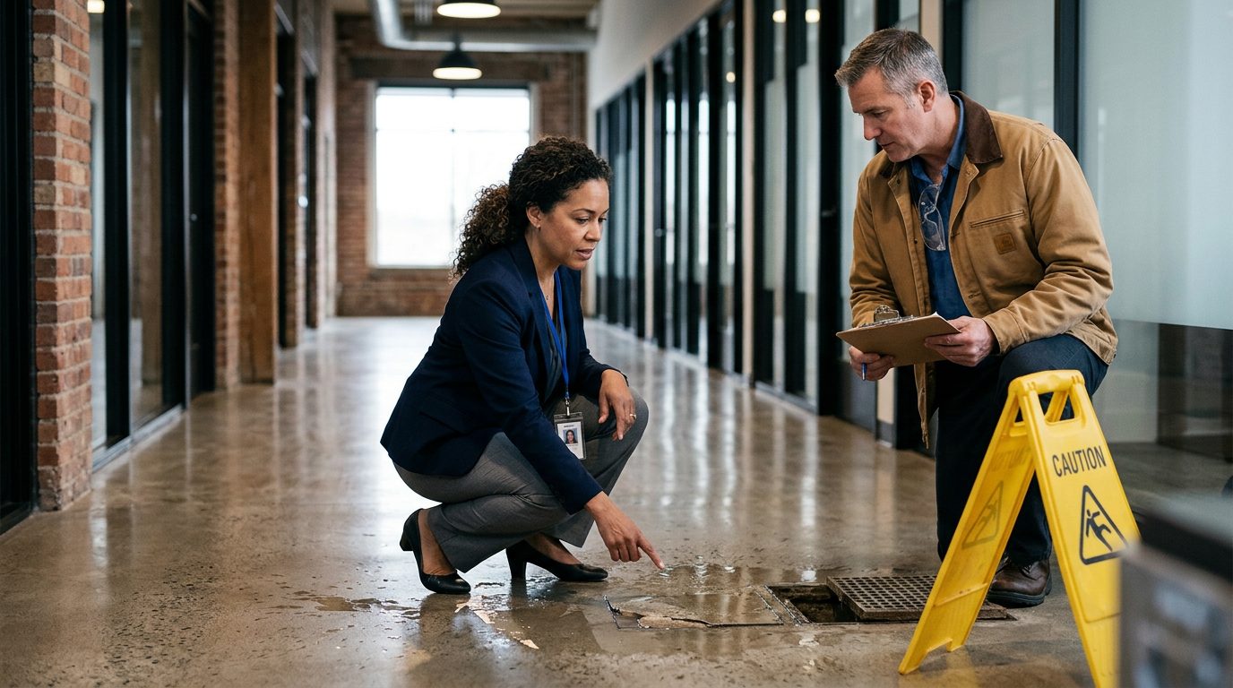 Property manager and safety inspector examining wet flooring, inadequate signage, and drainage issues in commercial hallway.