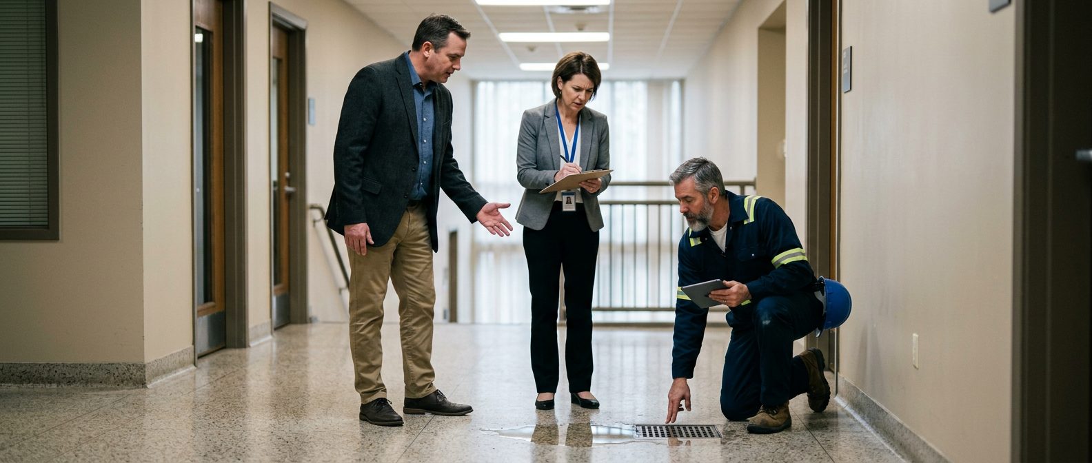 Property manager and safety inspector examining wet flooring and inadequate signage in commercial hallway.