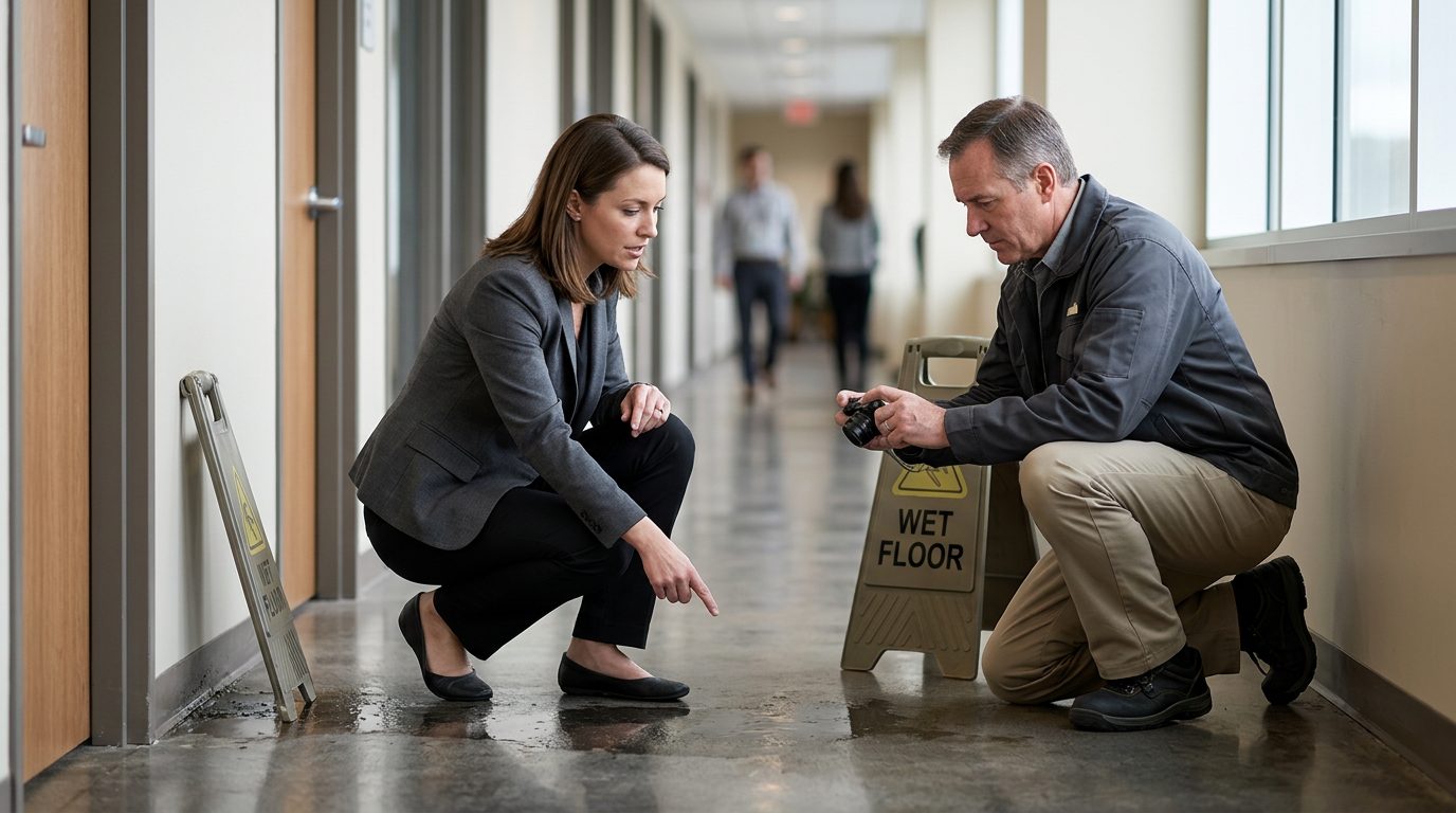Property manager and safety inspector inspecting wet floor and drainage issues in commercial hallway.