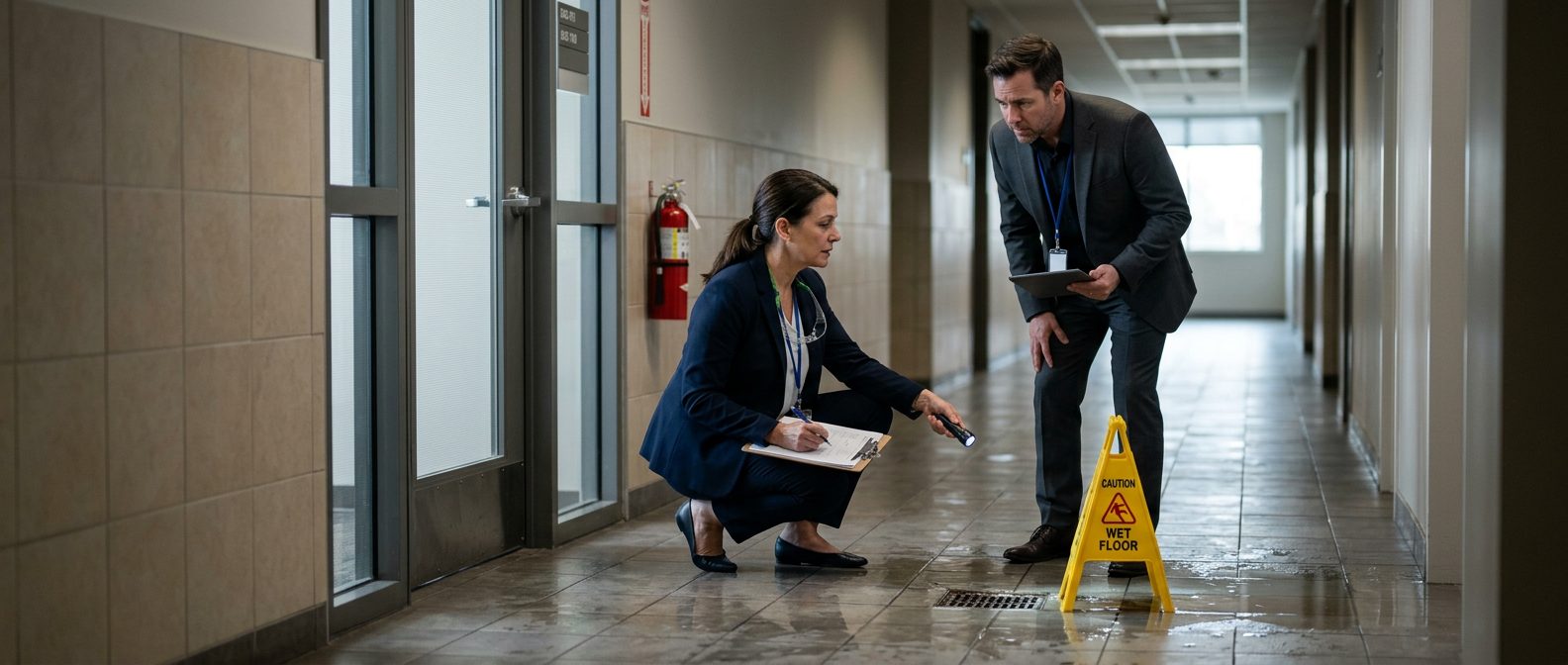 Property manager and safety inspector inspecting wet floor, missing warning signs, and drainage problems in commercial hallway.