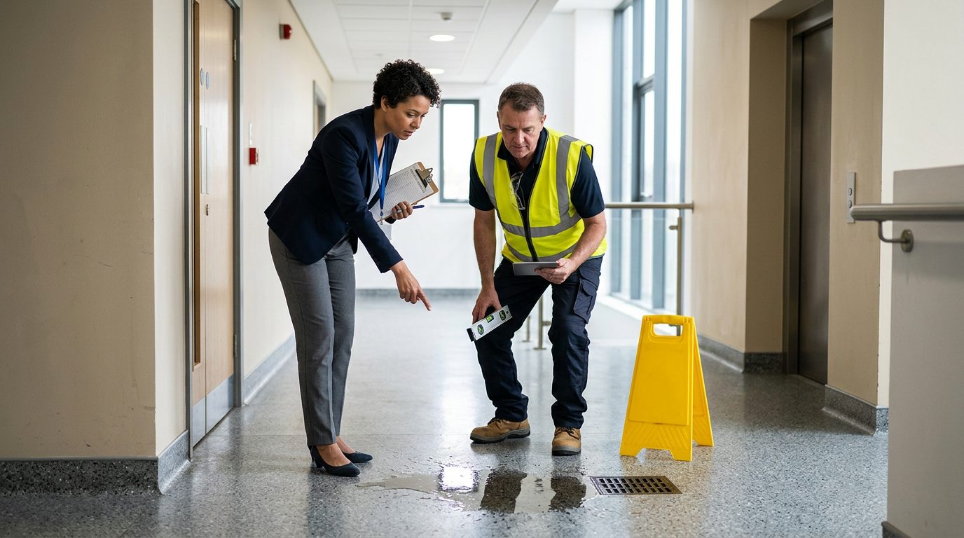 Property manager and safety inspector inspecting wet floor, missing signage, and drainage problems in commercial hallway.