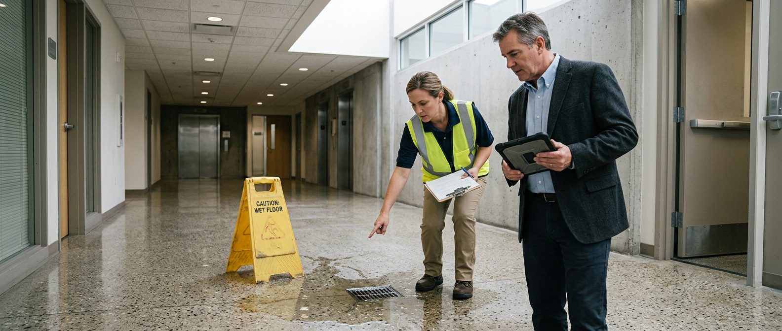 Property manager and safety inspector inspecting wet floor, missing signage, and drainage problems in commercial hallway.