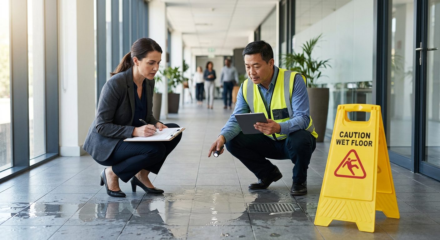 Property manager and safety inspector inspecting wet floor, missing warning signs, and drainage problems in commercial hallway.