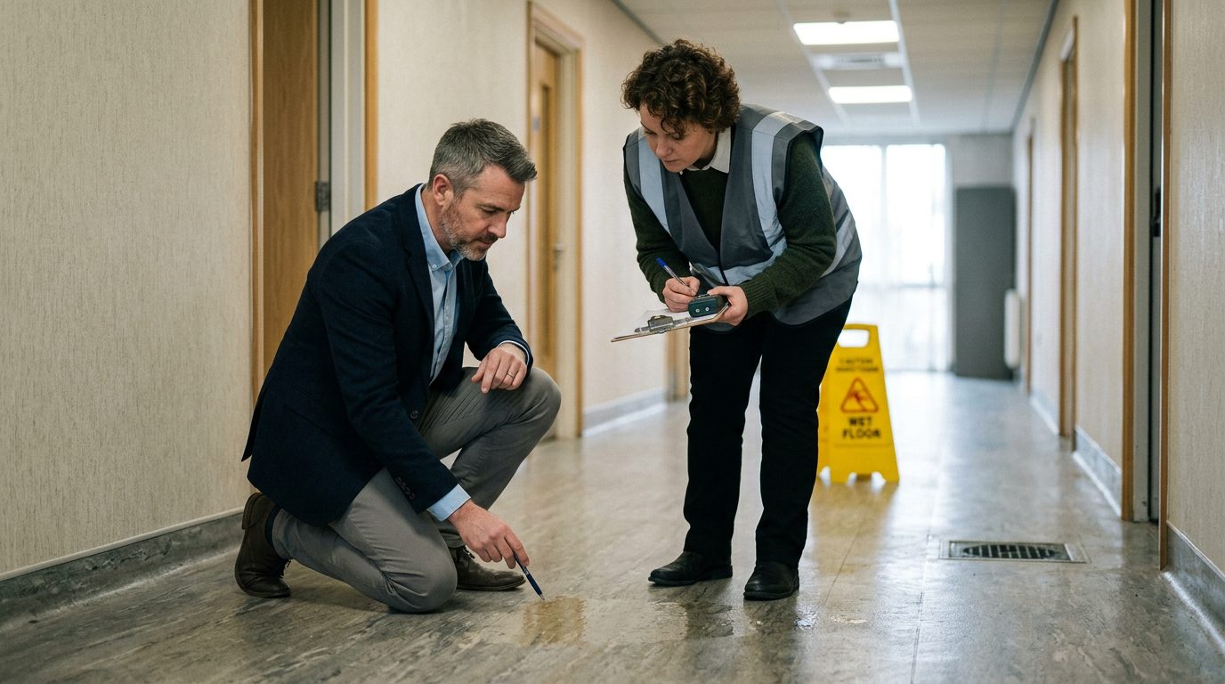 Property manager and safety inspector inspecting wet floor, missing warning signs, and drainage problems in commercial hallway.