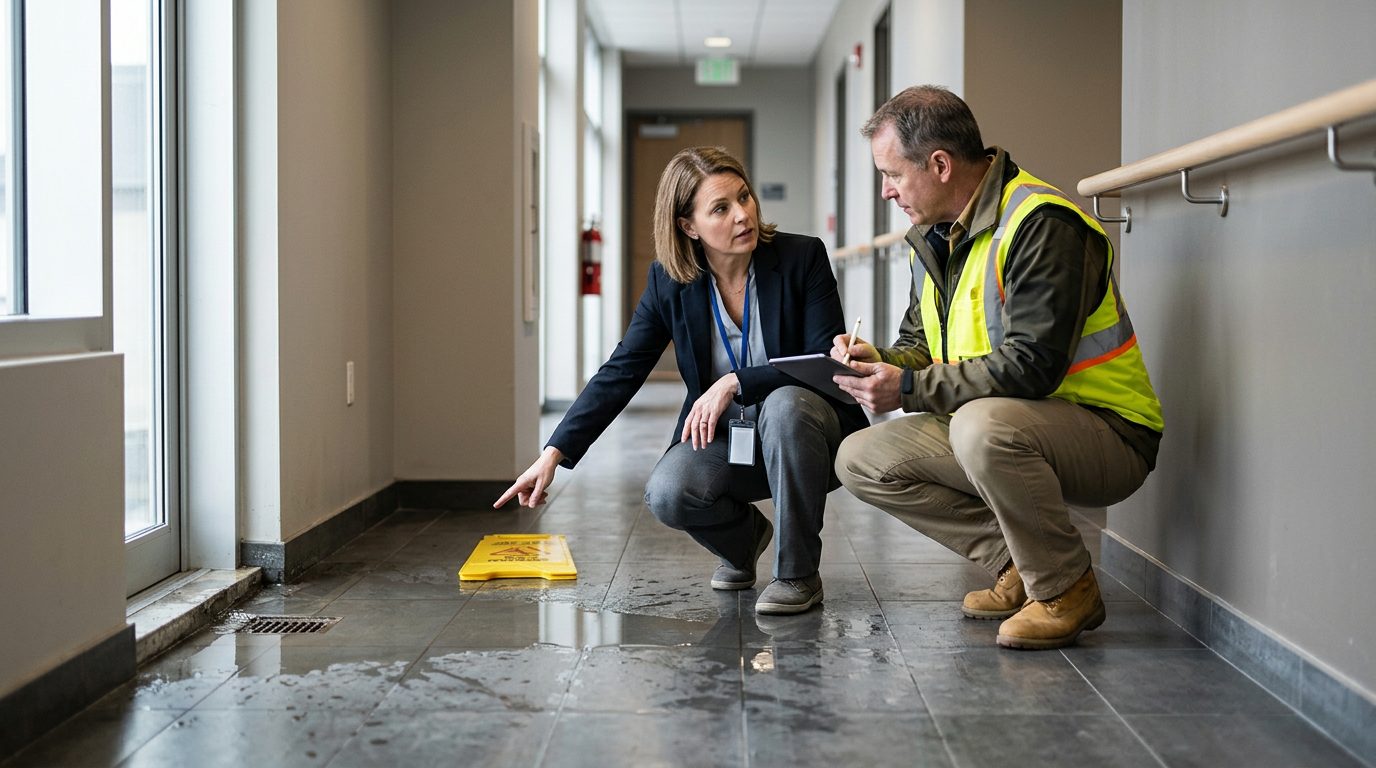 Property manager and safety inspector inspecting wet floor, missing warning signs, and drainage problems in commercial hallway.