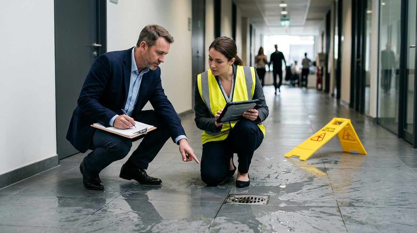 Property manager and safety inspector inspecting wet floor, missing signage, and drainage problems in commercial hallway.