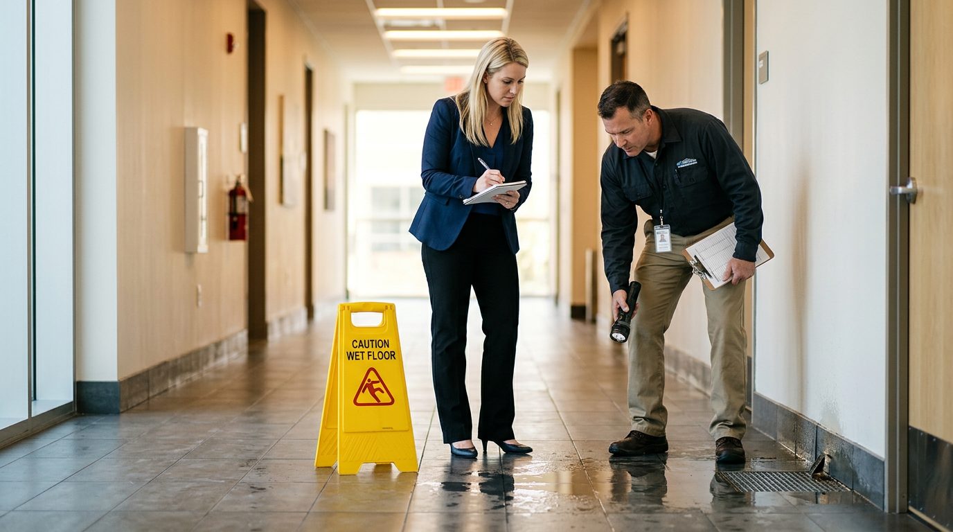 Property manager and safety inspector inspecting wet floor, missing warning signs, and drainage problems in commercial hallway.