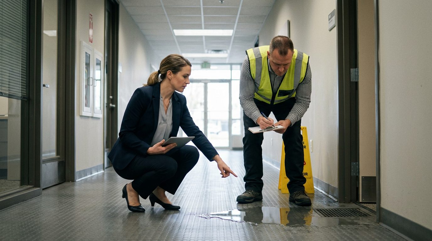 Property manager and safety inspector inspecting wet floor, missing warning signs, and drainage problems in commercial hallway.