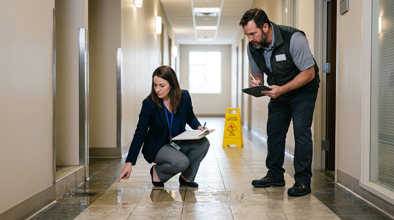 Property manager and safety inspector inspecting wet floor, missing signage, and drainage problems in commercial hallway.