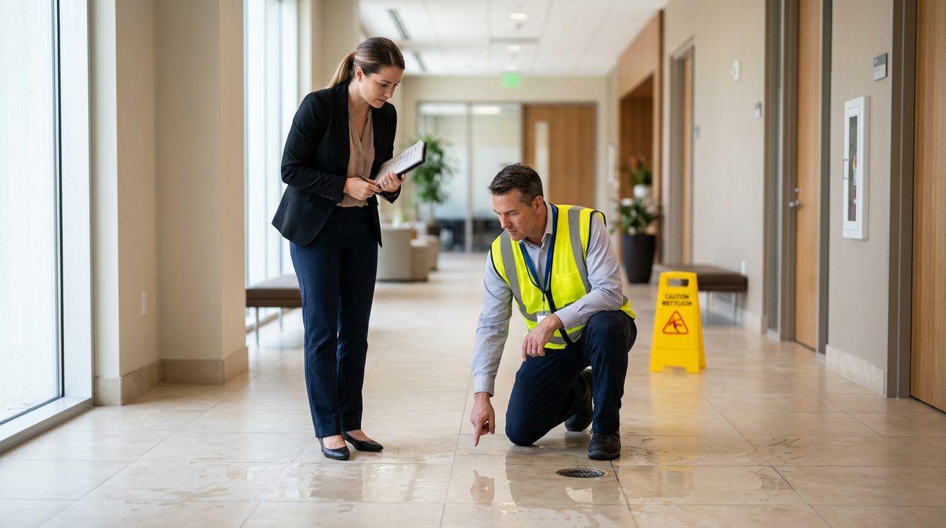 Property manager and safety inspector inspecting wet floor, missing warning signs, and drainage problems in commercial hallway.
