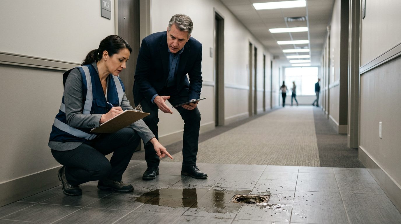 Property manager and safety inspector inspecting wet floor, missing warning signs, and drainage problems in commercial hallway.