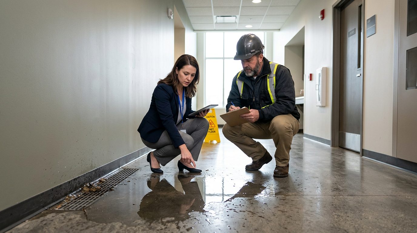 Property manager and safety inspector inspecting wet floor, missing signage, and drainage problems in commercial hallway.