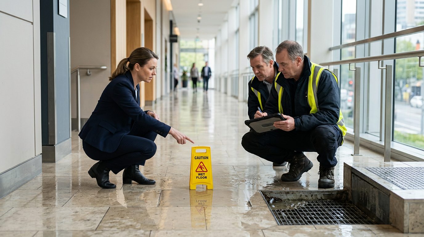 Property manager and safety inspector inspecting wet floor, missing signage, and drainage problems in commercial hallway.
