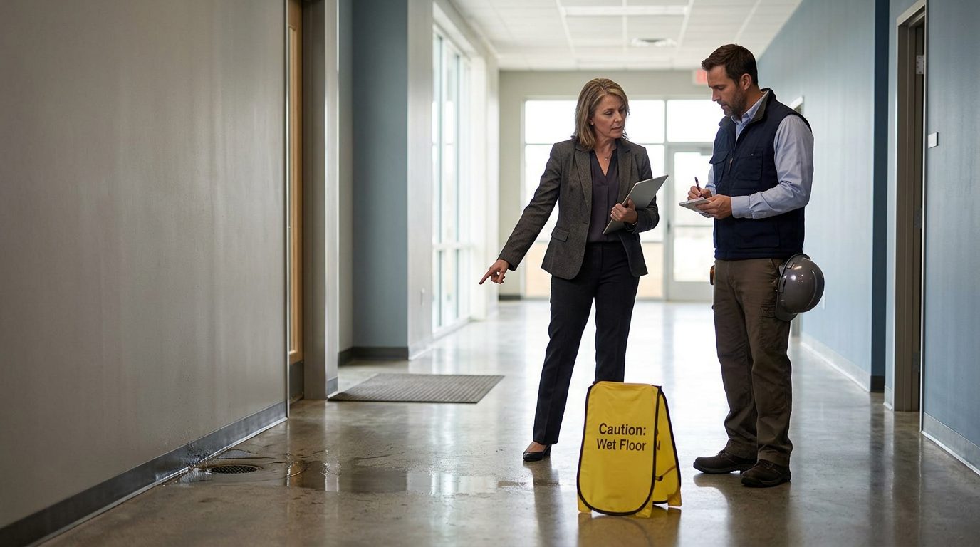 Property manager and safety inspector inspecting wet floor, missing signage, and drainage problems in commercial hallway.